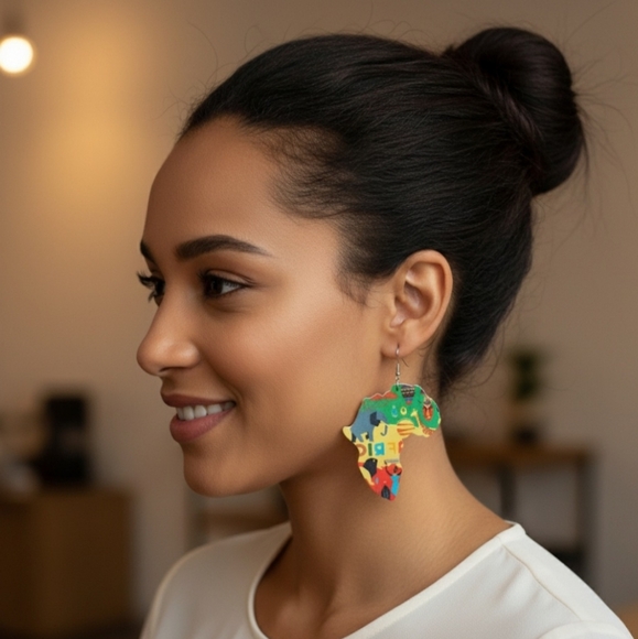 African Map Animal Wood Painted Tribal Earrings. Length 3.0 inches - Picture 5 of 7